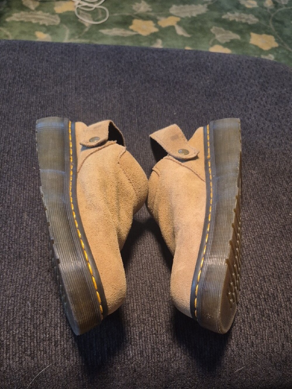 Dr. Martens Tan Suede Slingback Mules with Yellow Stitching - Picture 2 of 15